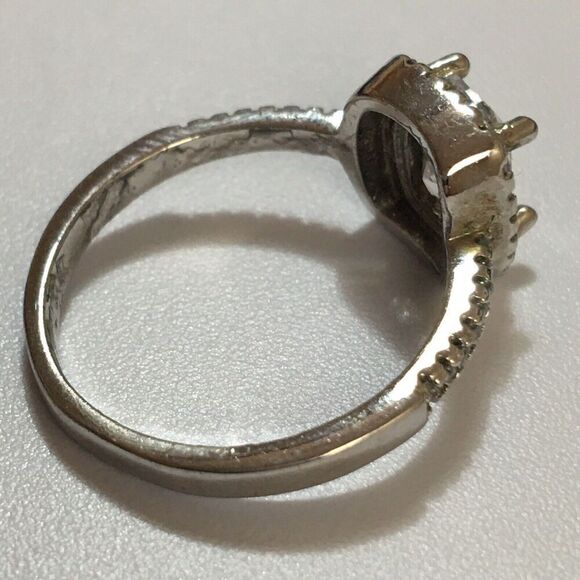 Silver Tone Halo Ring Square CZ 2.5mm Band Clear Gemstones Worn Plating - Picture 4 of 11